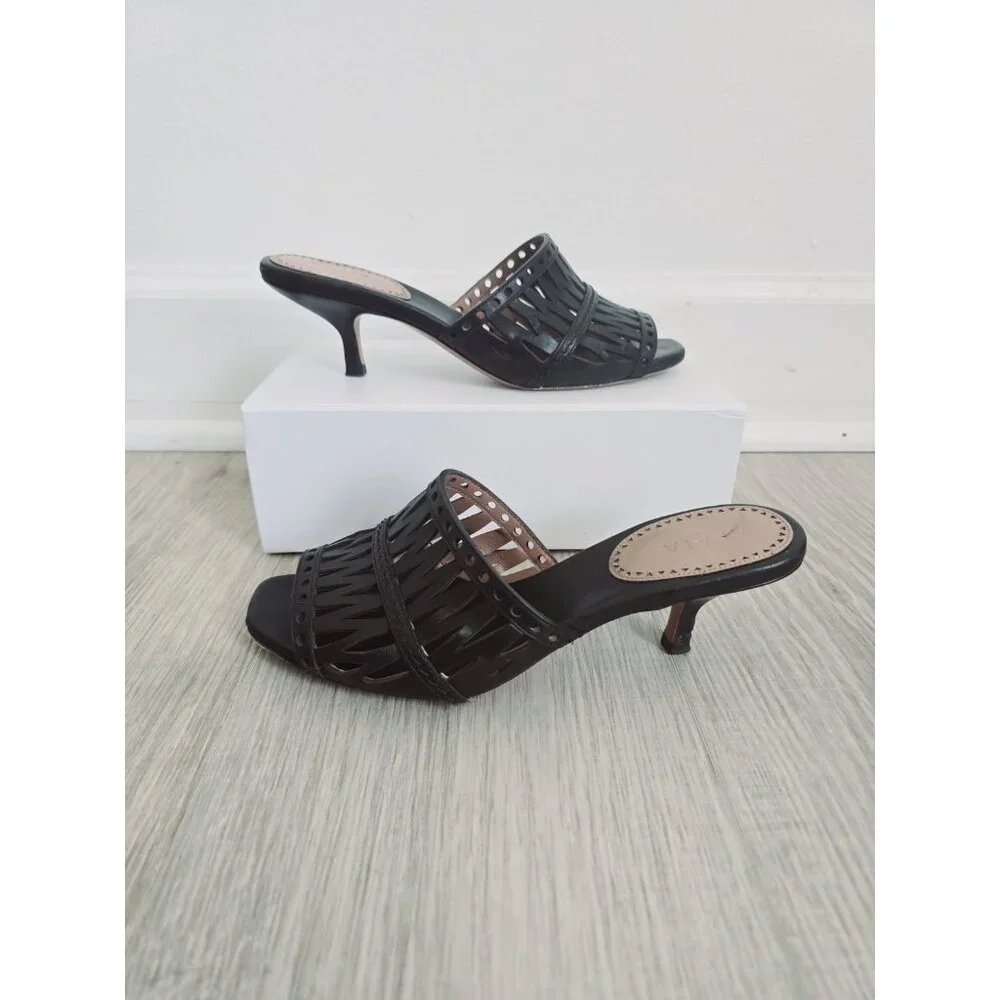 Alaia Paris Cutout Leather Black Slip On Open Toe Kitten Heels Mules Shoes 37 7 - Picture 1 of 11